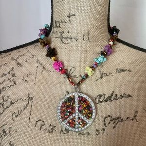 Gemstone Chips & Bling Peace Sign Necklace